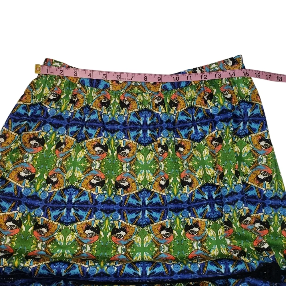 Sam Edelman Tulum Parrot Print Midi Skirt Size 12 Crochet Panels Bird Rockabilly
